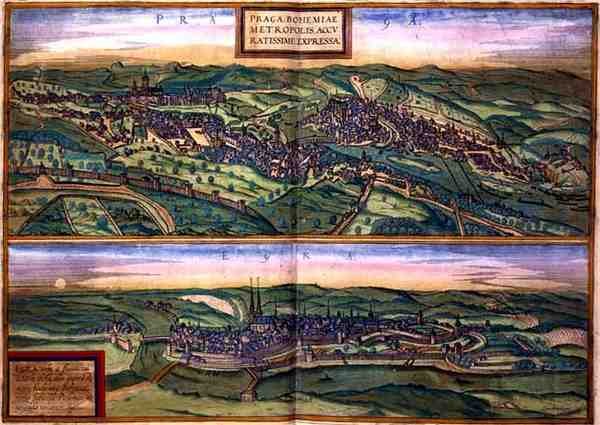 ゲオルク・ブラウン（1541-1622）とフランツ・ホーゲンベルグ（1535-90）による「Civitates Orbis Terrarum」からのプラハとエッグの地図、1572年頃（彩色済みエングレービング） 作： Joris（後）Hoefnagel