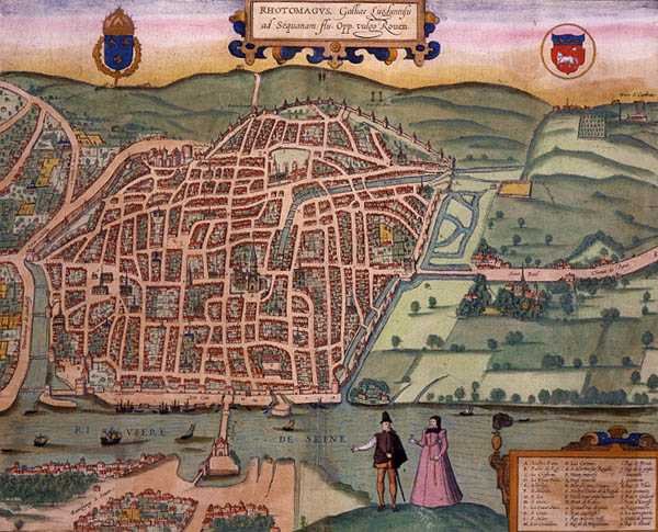 ゲオルク・ブラウン（1541-1622）とフランツ・ホーゲンベルグ（1535-90）による「Civitates Orbis Terrarum」からのルーアンの地図（1572-1617年頃）（彩色済みエングレーヴィング 作： Joris（後）Hoefnagel