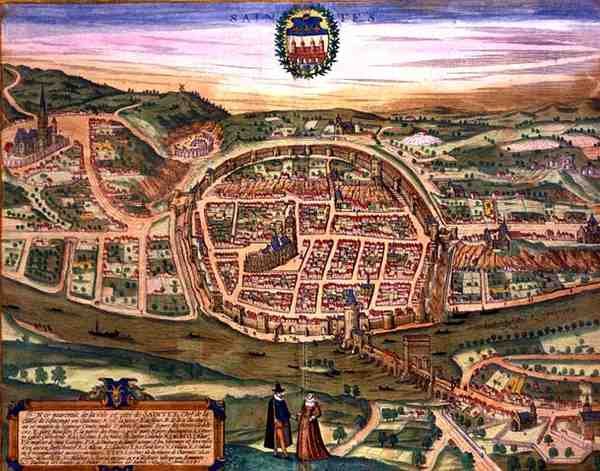 Georg Braun（1541-1622）とFrans Hogenberg（1535-90）による「Civitates Orbis Terrarum」からのサンテの地図。 作： Joris（後）Hoefnagel