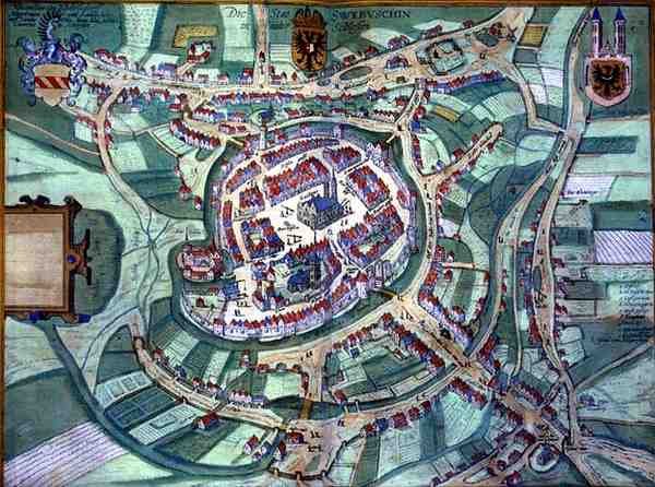 ゲオルク・ブラウン（1541-1622）とフランツ・ホーゲンベルグ（1535-90）による「Civitates Orbis Terrarum」からのシュライデンの地図、1572年頃（彩色済みエングレービング 作： Joris（後）Hoefnagel