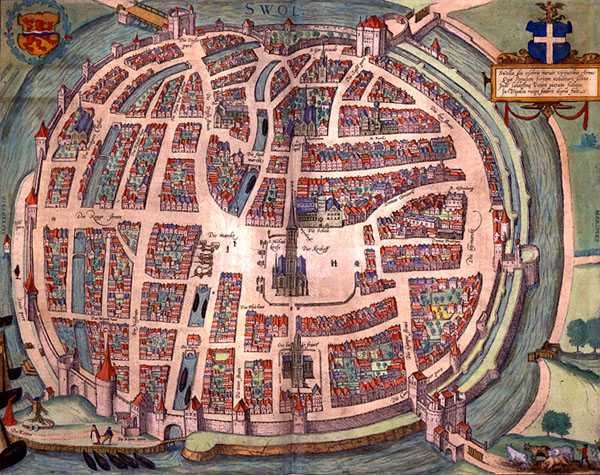 ゲオルク・ブラウン（1541-1622）とフランツ・ホーゲンベルグ（1535-90）による「Civitates Orbis Terrarum」からソルヴェールの地図（1572-1617年頃）（彩色済み彫刻 作： Joris（後）Hoefnagel
