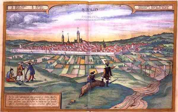 Georg Braun (1541-1622) と Frans Hogneberg (1535-90) の「Civities of the World」からの St Polten の地図 作： Joris（後）Hoefnagel