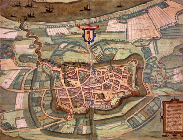 ゲオルク・ブラウン（1541-1622）とフランツ・ホーゲンベルグ（1535-90）による「Civitates Orbis Terrarum」からのシュタードの地図（1572-1617年頃）（彩色済みエングレービング 作： Joris（後）Hoefnagel