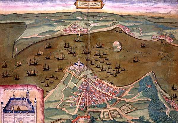 ゲオルク・ブラウン（1541-1622）とフランツ・ホーゲンベルグ（1535-90）による「Civitates Orbis Terrarum」からのSundの地図（1572-1617年頃）（彩色済みの彫刻）。 作： Joris（後）Hoefnagel