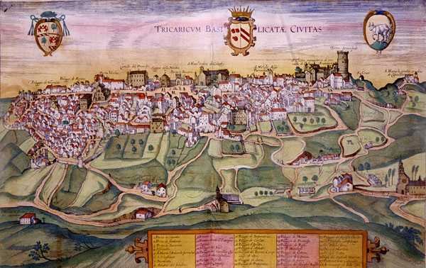 ゲオルク・ブラウン（1541-1622）とフランツ・ホーゲンベルグ（1535-90）による「世界の都市」（1572-1617年頃）からのトリカリコの地図（彩色彫刻 作： Joris（後）Hoefnagel