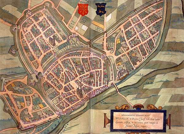 ゲオルク・ブラウン（1541-1622）とフランツ・ホーゲンベルグ（1535-90）による「Civitates Orbis Terrarum」からのヴェーゼルの地図（1572-1617年頃）（彩色済み彫刻 作： Joris（後）Hoefnagel