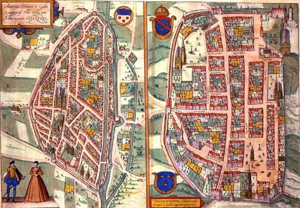 ゲオルク・ブラウン（1541-1622）とフランツ・ホーゲンベルグ（1535-90）による「Civitates Orbis Terrarum」からシャルトルとデュノアの地図（1572-1617年頃）（彩色済み彫刻）。 作： Joris（後）Hoefnagel