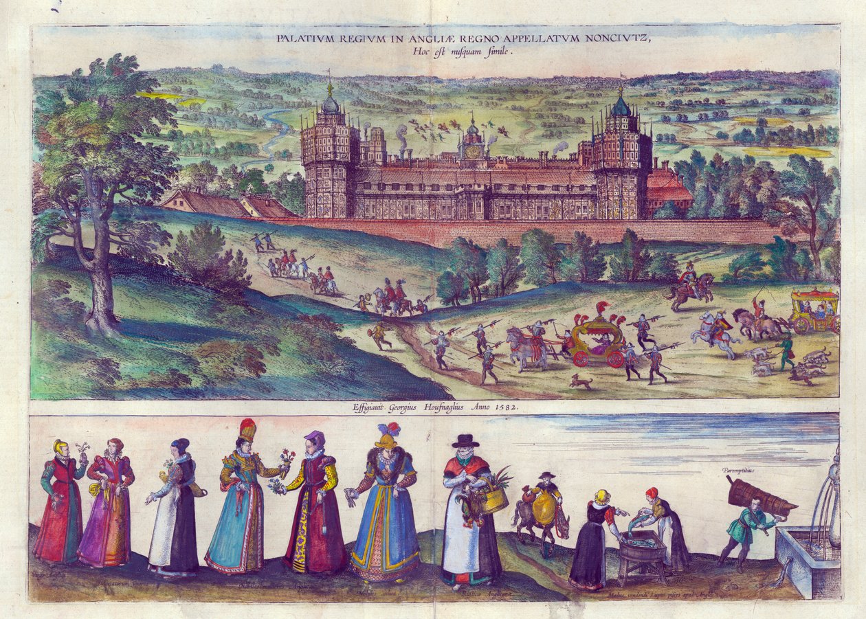 1598年のテューダー協会からのノーサチ宮殿と男女のエリザベス女王の到着（手彩色の銅版画） 作： ヨリス・ヘフナーゲル
