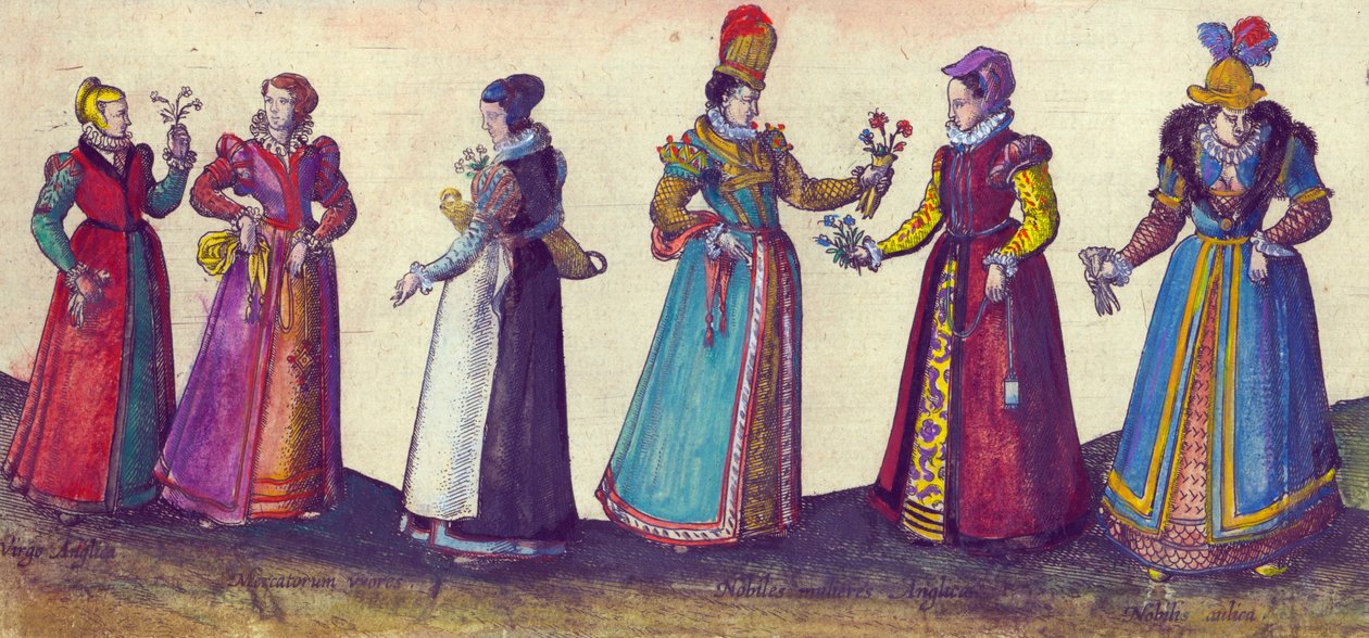 エリザベス朝時代のイギリスの女性、1598年（手彩色の銅版画） 作： ヨリス・ヘフナーゲル