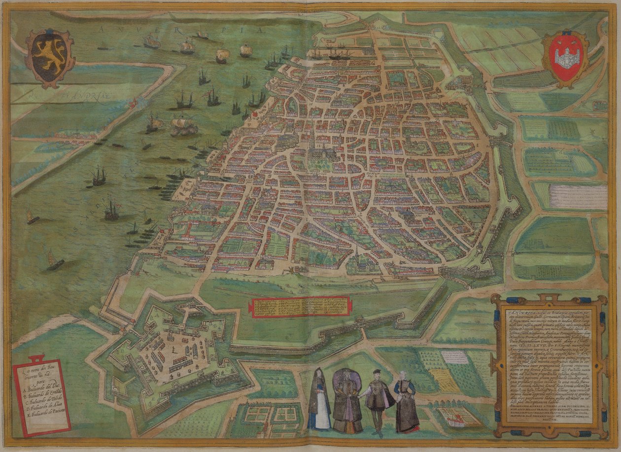 アントワープの地図、ブラウン（1541-1622）とフランスホーゲンベルク（1535-90）による「世界」、1572年頃 作： ヨリス・ヘフナーゲル