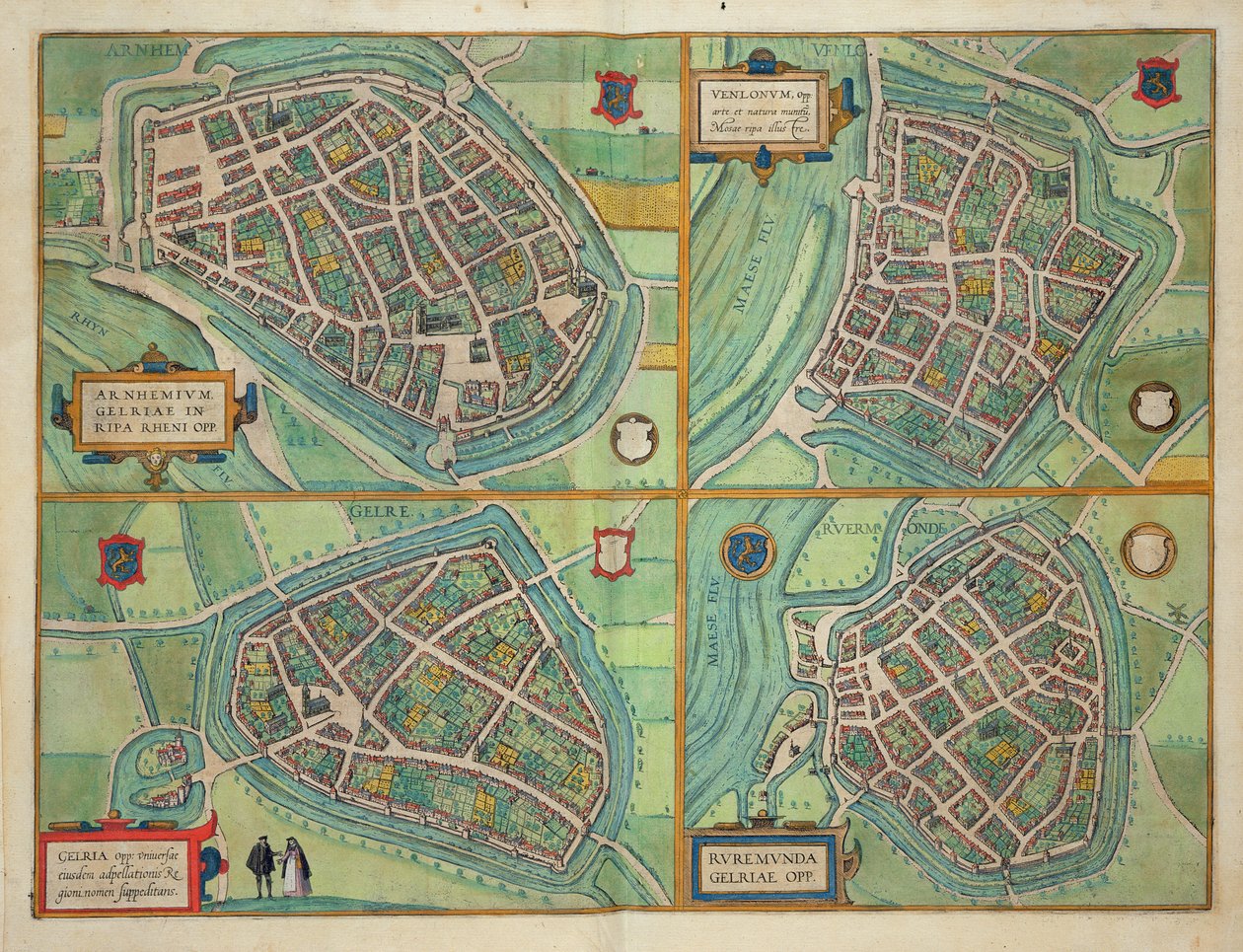 Georg Braun（1541-1622）とFrans Hogenberg（1535-90）c.1572-1617による「Civitates Orbis Terrarum」のアーネム、ヴェルモ、ジェレ、ルエルムの地図 作： ヨリス・ヘフナーゲル
