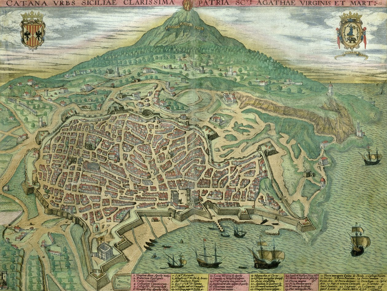 ブラウン（1541-1622）とフランツ・ホーゲンバーグ（1535-90）による「世界」からのカターニアの地図、1572年頃 作： ヨリス・ヘフナーゲル