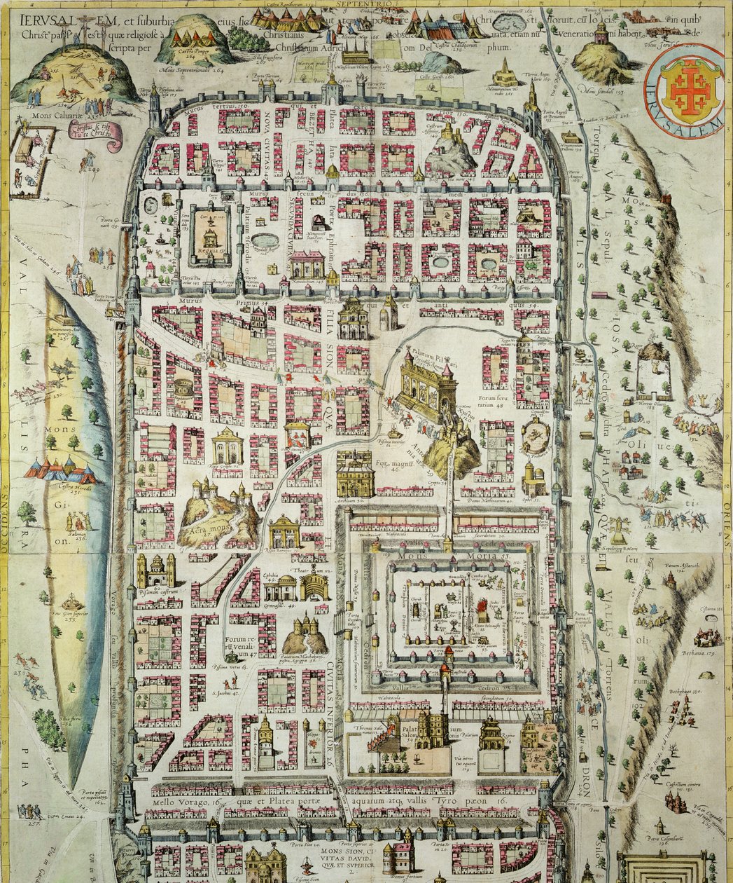 エルサレムとその周辺地域の地図。GeorgBraun（1541-1622）およびFrans Hogenberg（1535-90）c.1572-1617（138906を参照）による「Civitates Orbis Terrarum」より 作： ヨリス・ヘフナーゲル