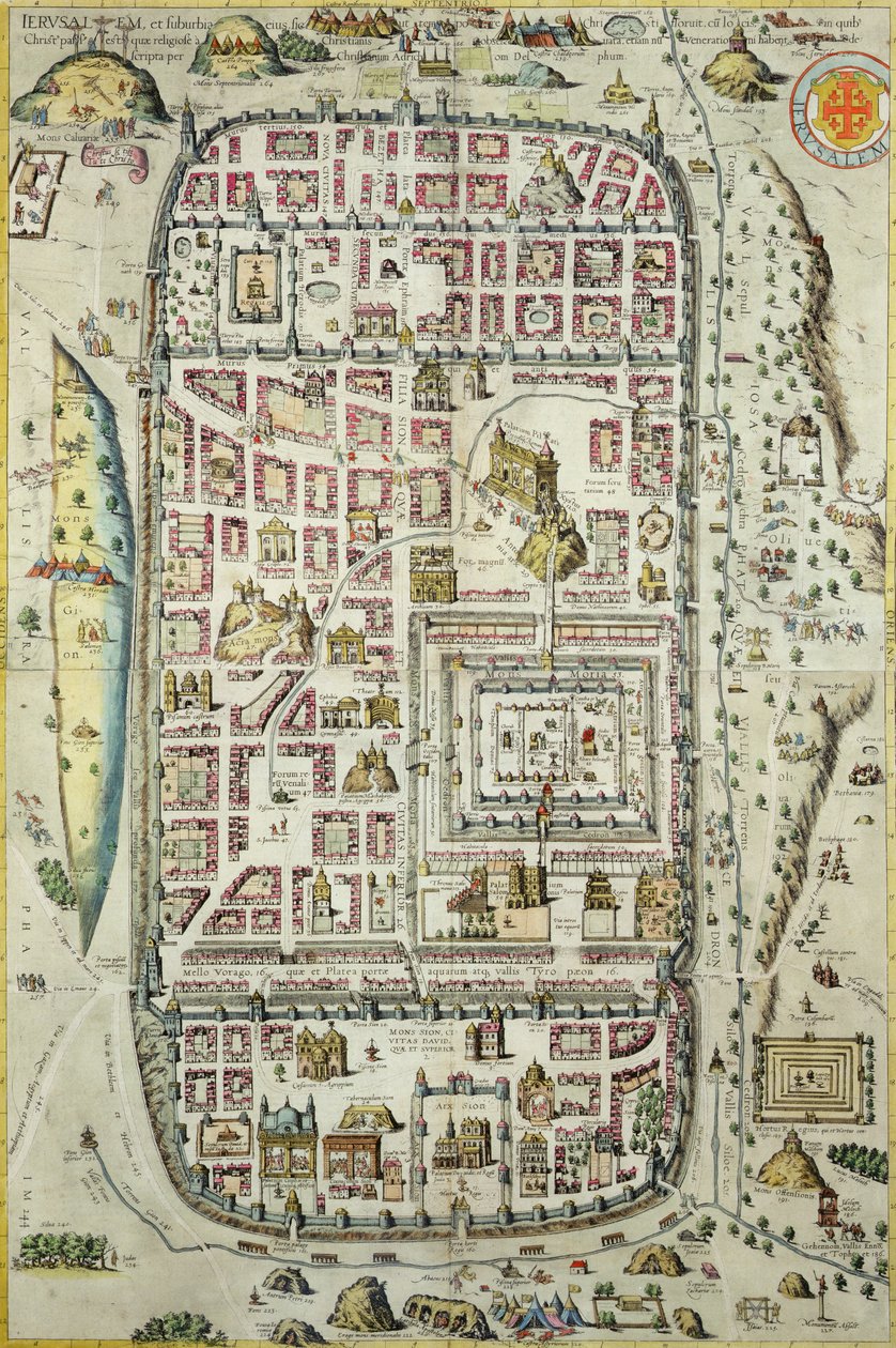 エルサレムとその周辺地域の地図。GeorgBraun（1541-1622）とFrans Hogenberg（1535-90）c.1572-1617（138905-96を参照）の「Civitates Orbis Terrarum」に基づいています。 作： ヨリス・ヘフナーゲル