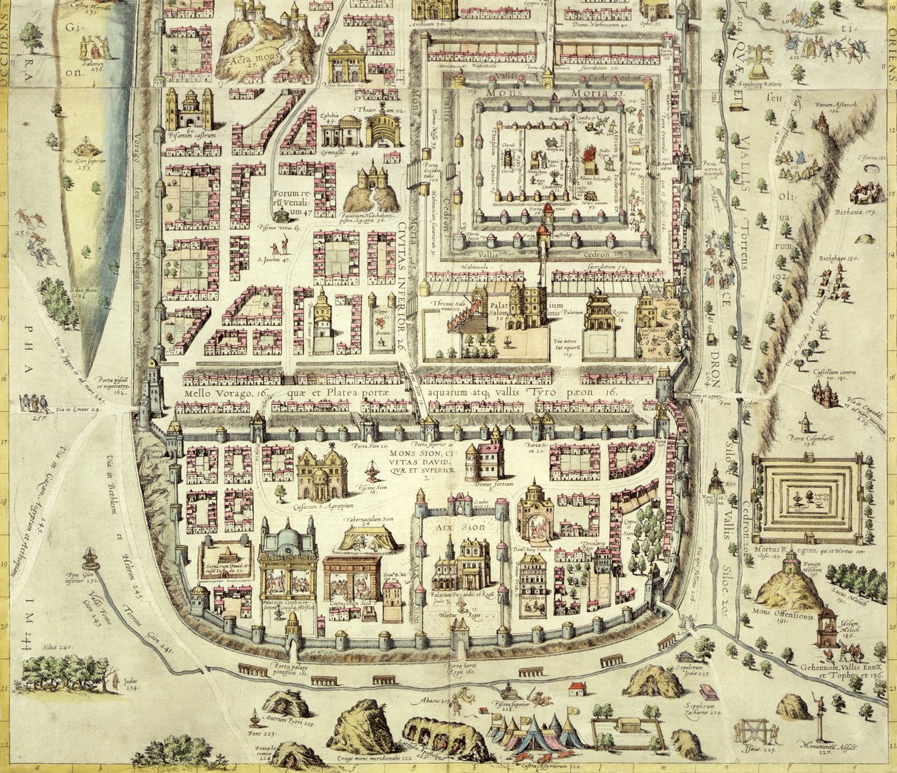 エルサレムとその周辺地域の地図。GeorgBraum（1541-1622）およびFrans Hogenberg（1535-90）c.1572-1617（138905を参照）による「Civitates Orbis Terrarum」より 作： ヨリス・ヘフナーゲル