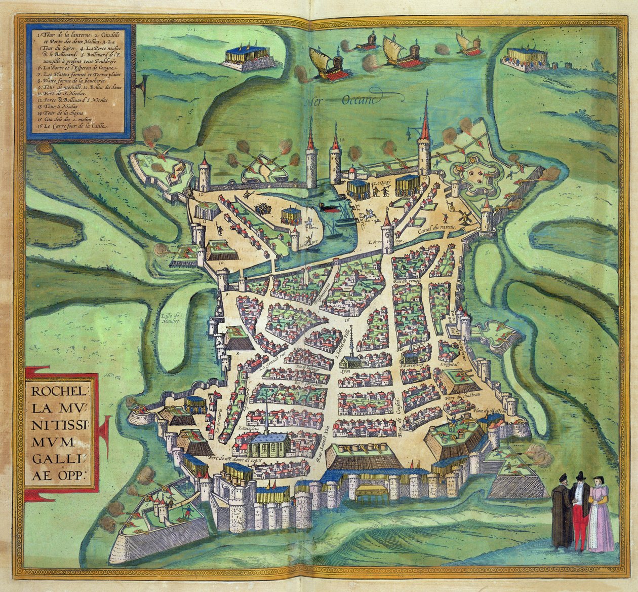 ラロシェルの地図、Georg Braun（1541-1622）による &39;Civitates Orbis Terrarum&39;およびFrans Hogenberg、c.1572（カラー彫刻）から 作： ヨリス・ヘフナーゲル