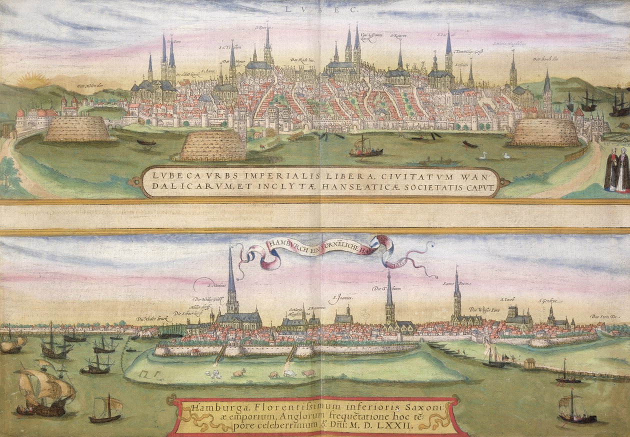 リューベックとハンブルクの地図、Georg Braun（1541-1622）とFrans Hogenberg（1535-90）による &39;Civitates Orbis Terrarum&39;から、1572年頃（カラー彫刻） 作： ヨリス・ヘフナーゲル