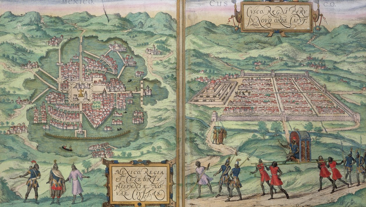 メキシコとクスコの地図、Georg Braun（1541-1622）とFrans Hogenberg（1535-90）による &39;Civitates Orbis Terrarum&39;から、c.1572 作： ヨリス・ヘフナーゲル