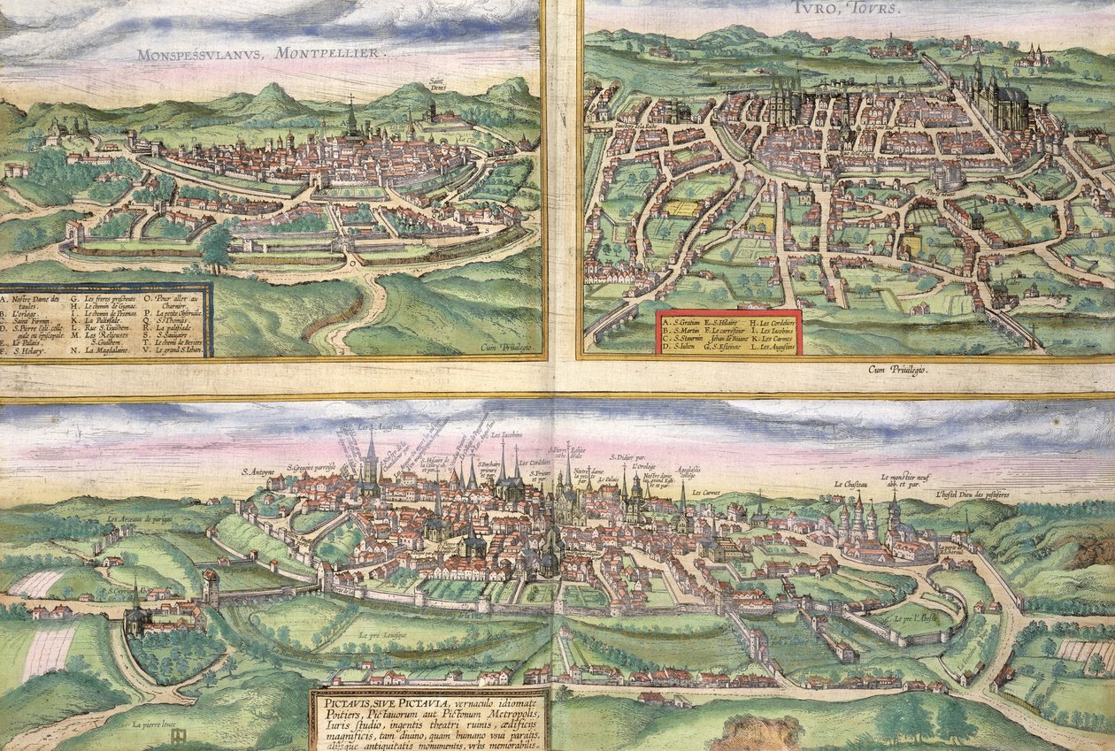 Georg Braun（1541-1622）とFrans Hogenberg（1535-90）による &39;Civitates Orbis Terrarum&39;からのモンペリエ、ツアー、ポワティエの地図、c.1572 作： ヨリス・ヘフナーゲル