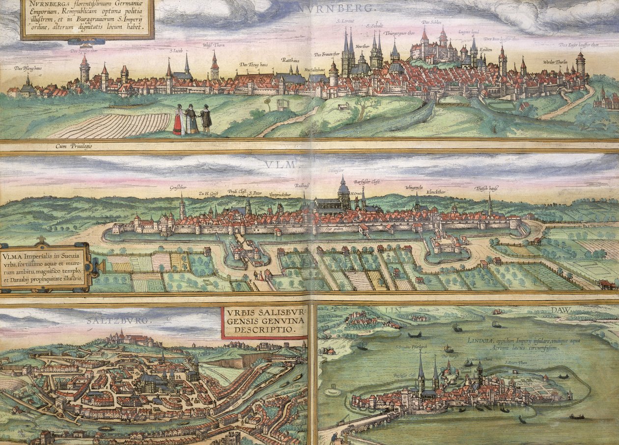 ニュルンベルク、ウルム、サルツブルクの地図、Georg Braun（1541-1622）とFrans Hogenberg（1535-90）による &39;Civitates Orbis Terrarum&39;から、c.1572（カラー彫刻） 作： ヨリス・ヘフナーゲル