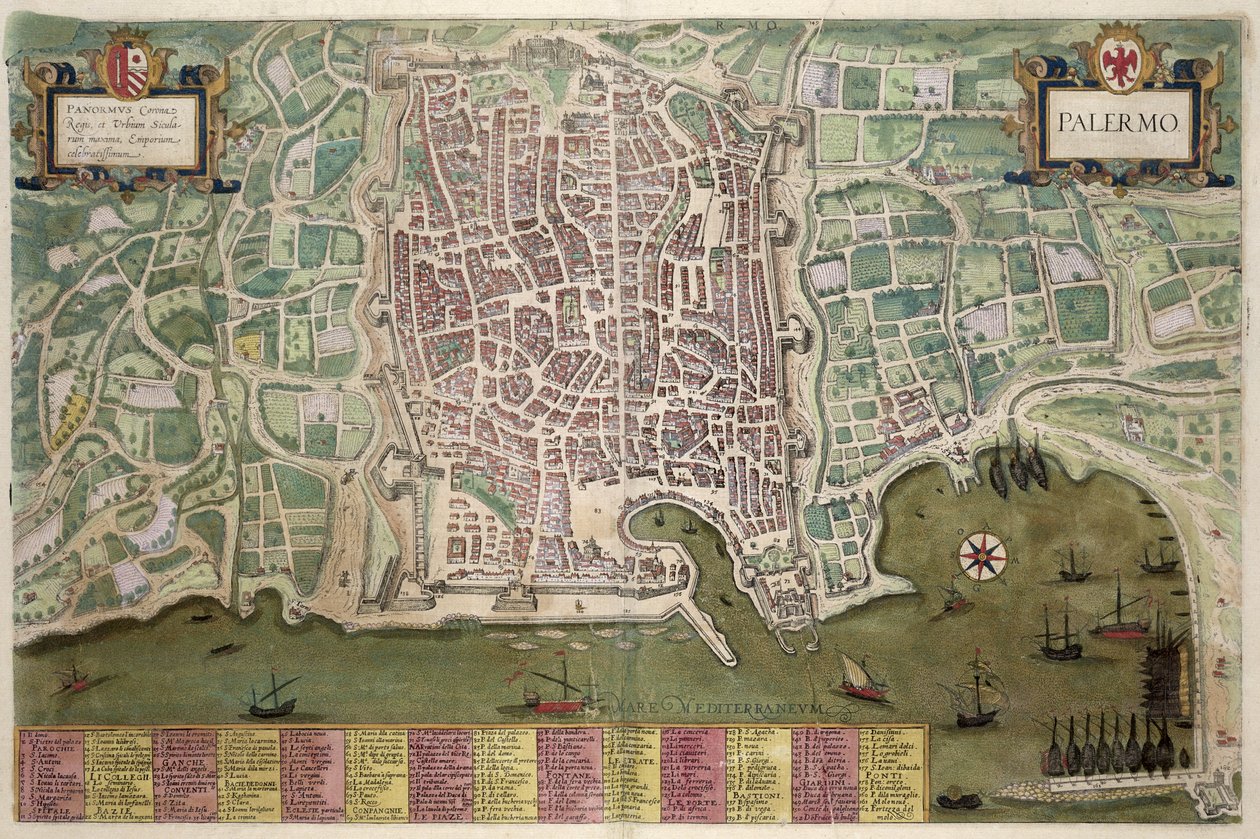 ブラウン（1541-1622）とフランツ・ホーゲンバーグ（1535-90）による「世界」からのパレルモの地図c.1572-1617 作： ヨリス・ヘフナーゲル