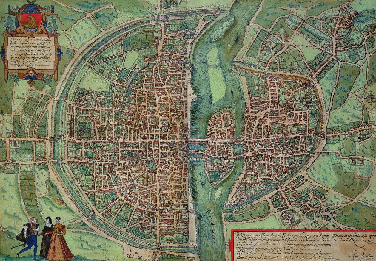パリの地図、Georg Braun（1541-1622）とFrans Hogenberg（1535-90）による &39;Civitates Orbis Terrarum&39;から、c.1572（カラー彫刻） 作： ヨリス・ヘフナーゲル
