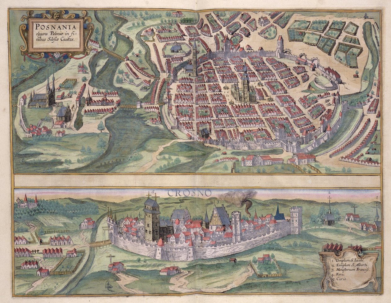 ポズナンとグルチノの地図、Georg Braun（1541-1622）とFrans Hogenberg（1535-90）c.1572-1617による「Civitates Orbis Terrarum」から 作： ヨリス・ヘフナーゲル