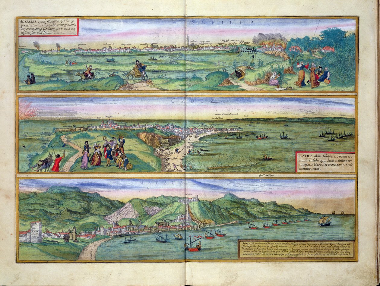 Georg Braun（1541-1622）とFrans Hogenberg（1535-90）による &39;Civitates Orbis Terrarum&39;からのセビリア、カディス、マラガの地図、1572年頃 作： ヨリス・ヘフナーゲル
