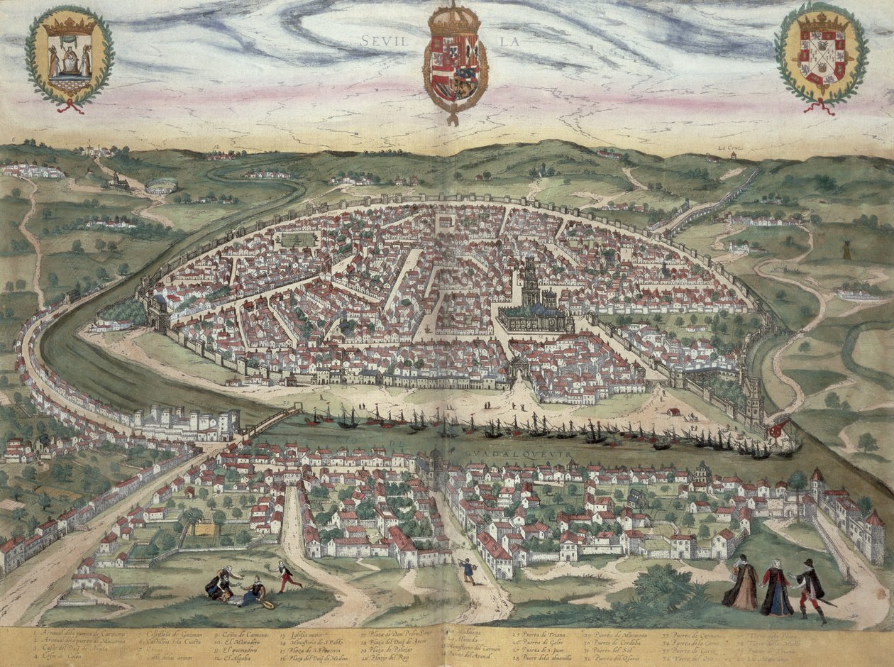 ブラウン（1541-1622）とフランツ・ホーゲンバーグ（1535-90）による「世界」からのセビリアの地図c.1572-1617 作： ヨリス・ヘフナーゲル
