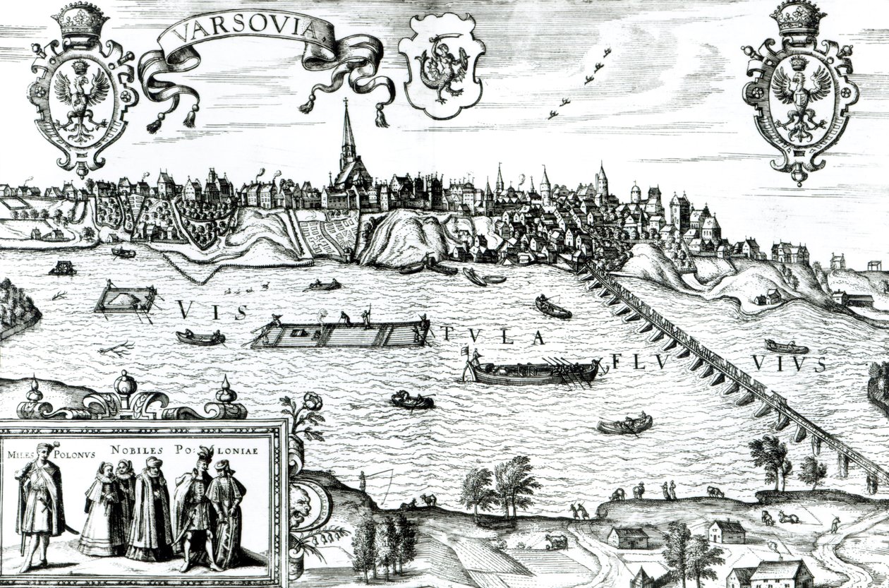 ワルシャワの地図、Georg Braun（1541-1622）およびFrans Hogenberg（1535-90）c.1572-1617による「Civitates Orbis Terrarum」から 作： ヨリス・ヘフナーゲル