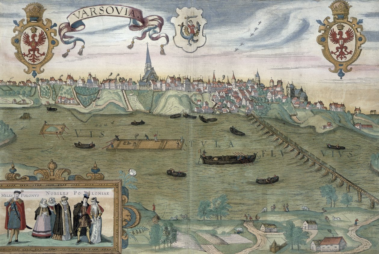 ワルシャワの地図、Georg Braun（1541-1622）およびFrans Hogenberg（1535-90）c.1572-1617による「Civitates Orbis Terrarum」から 作： ヨリス・ヘフナーゲル