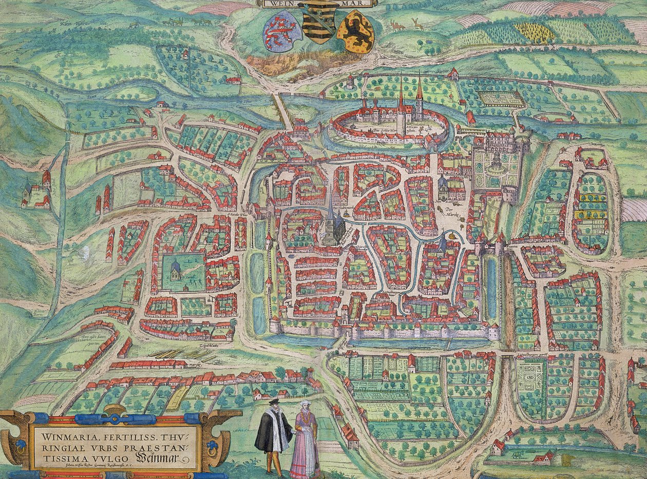 ブラウン（1541-1622）とフランツ・ホーゲンバーグ（1535-90）による「世界」からのワイマールの地図c.1572-1617 作： ヨリス・ヘフナーゲル