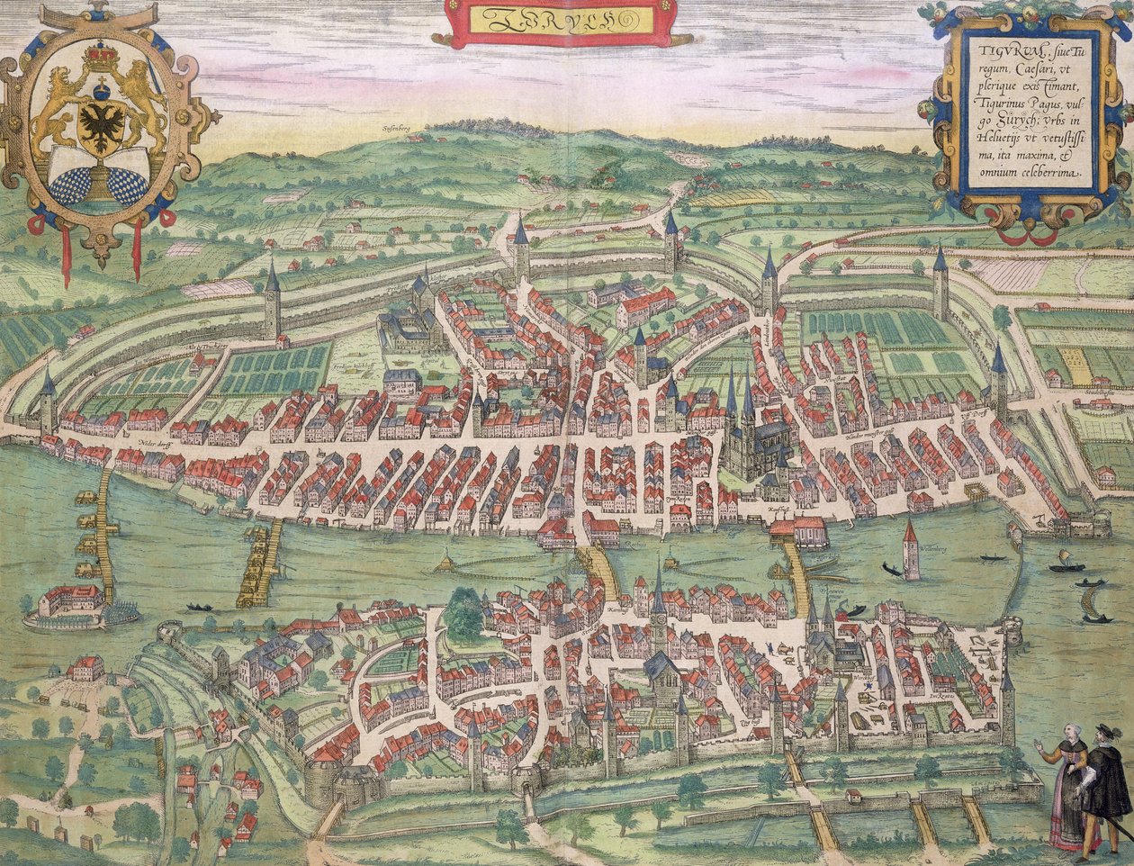 ブラウン（1541-1622）とフランツ・ホーゲンバーグ（1535-90）による「世界」からのチューリッヒの地図c.1572-1617 作： ヨリス・ヘフナーゲル