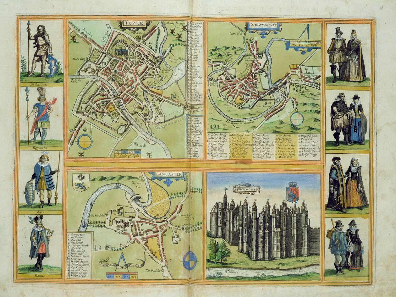Georg Braun（1541-1622）とFrans Hogenberg（1535-90）c.1572-1617の「Civitates Orbis Terrarum」のヨーク、シュルーズベリー、ランカスター、リッチモンドの地図 作： ヨリス・ヘフナーゲル