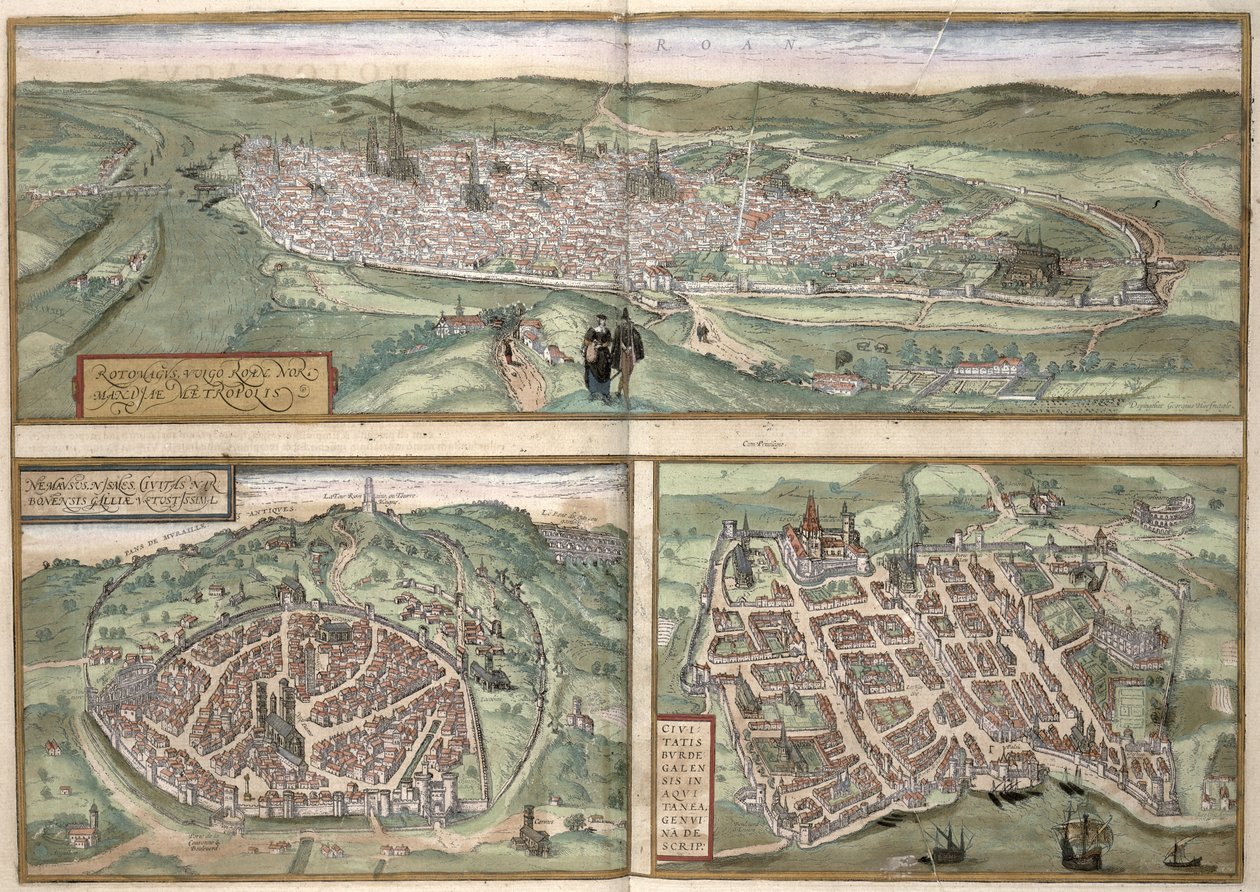 ブラウン（1541-1622）とフランツ・ホーゲンバーグ（1535-90）によるルーアン・ニームとボルドーの町計画、1572年頃 作： ヨリス・ヘフナーゲル