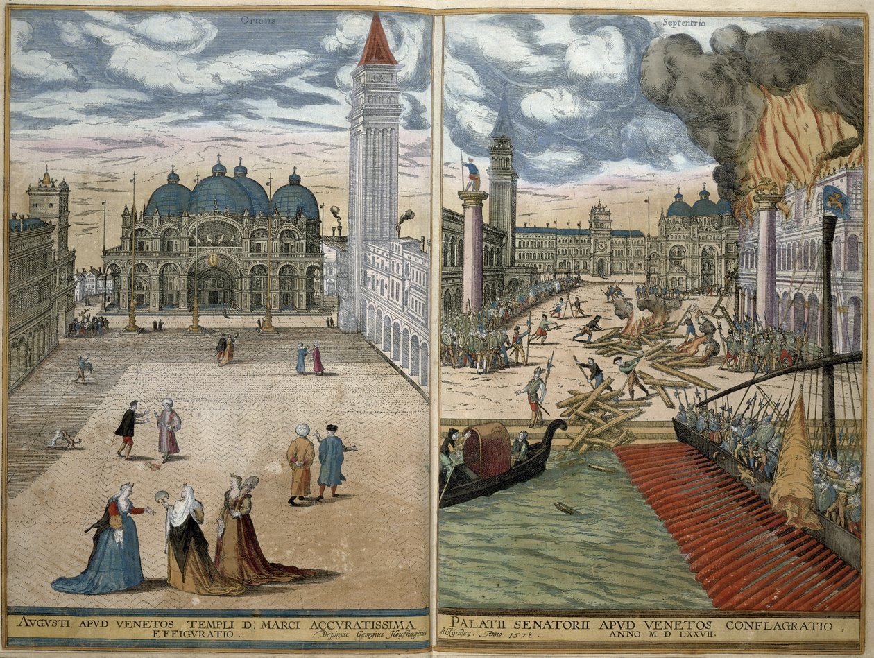 Georg Braun（1541-1622）とFrans Hogenberg（1535-90）1578による &39;Civitates Orbis Terrarum&39;からのサンマルコとパラッツォドゥカーレの火の眺め 作： ヨリス・ヘフナーゲル