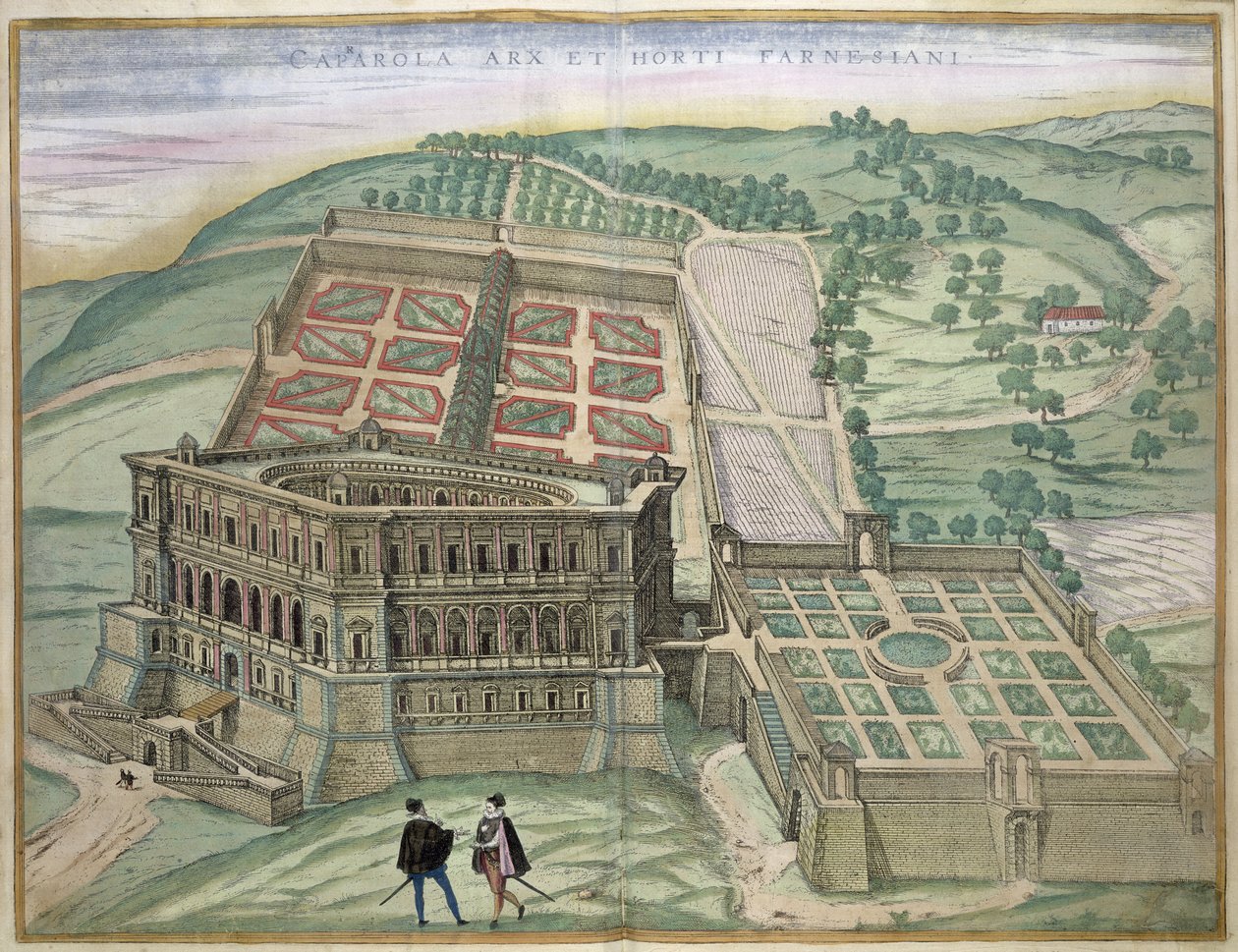 ゲオルクブラウン（1541-1622）とフランスホーゲンベルク（1535-90）による「シビテーツオルビステララム」、ヴィラファルネーゼと庭園の眺めc、1572-1617 作： ヨリス・ヘフナーゲル