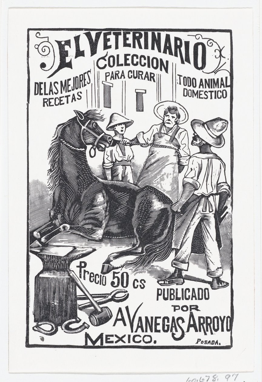馬を囲んでいる一群の人々、「El Veterinario The Vete...」のイラスト、1880年から1910年頃。 作： ホセ・グアダルーペ・ポサダ