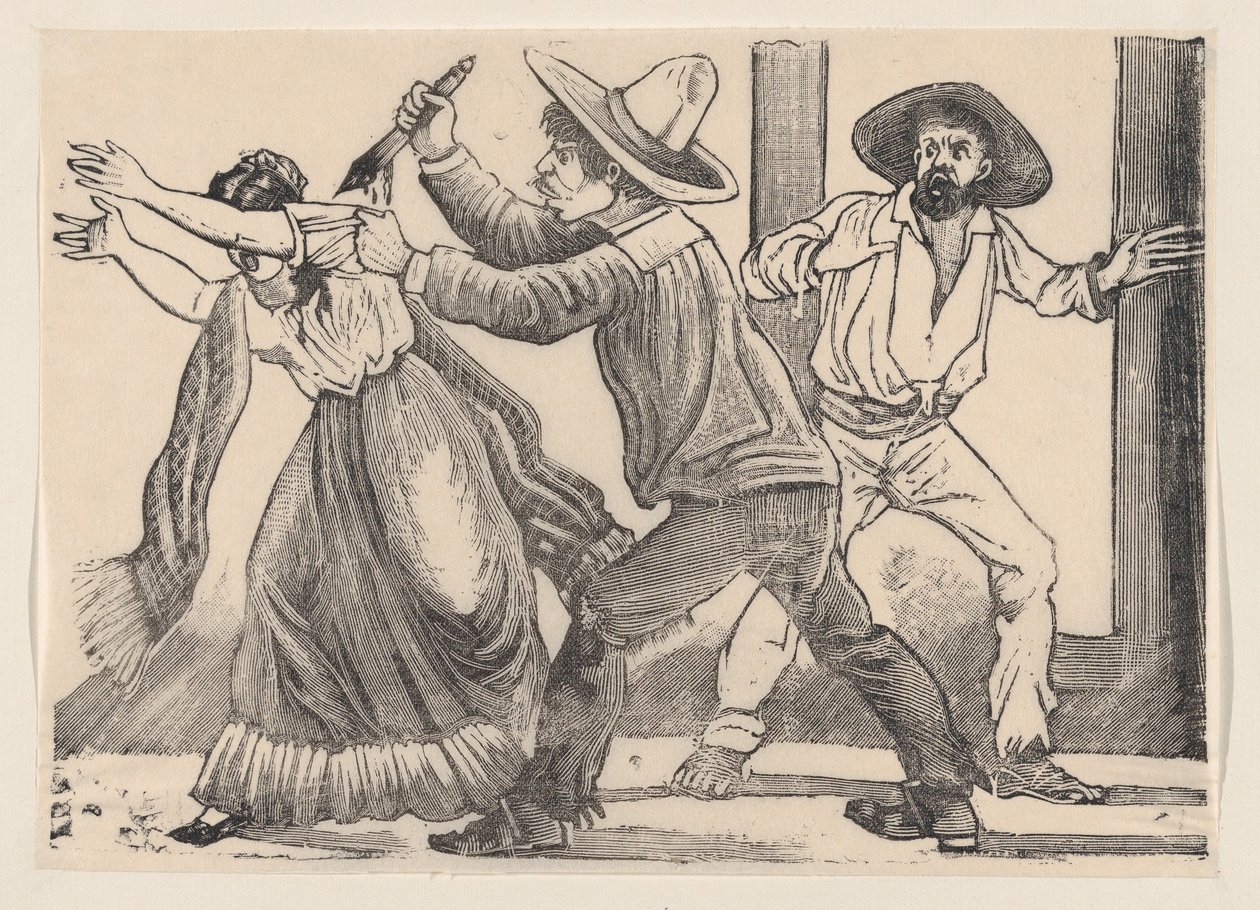女性の袖をつかんで刺す男性、「The Murd...」と題されたブロードサイドから、1891 年。 作： ホセ・グアダルーペ・ポサダ