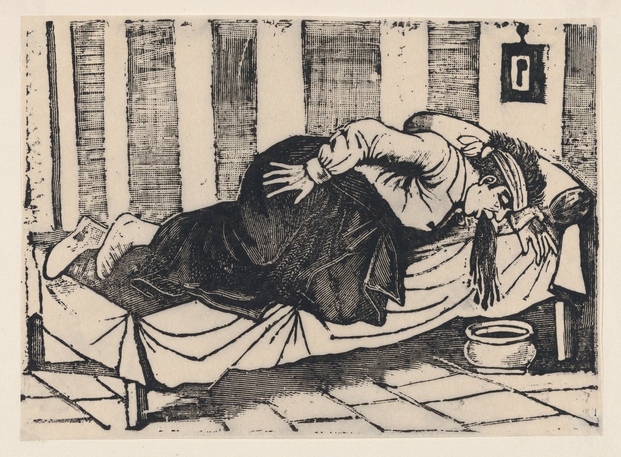 ベッドの横に寄りかかって嘔吐する男性、「アウレリオの死」と題されたブロードサイドから、1892年。 作： ホセ・グアダルーペ・ポサダ