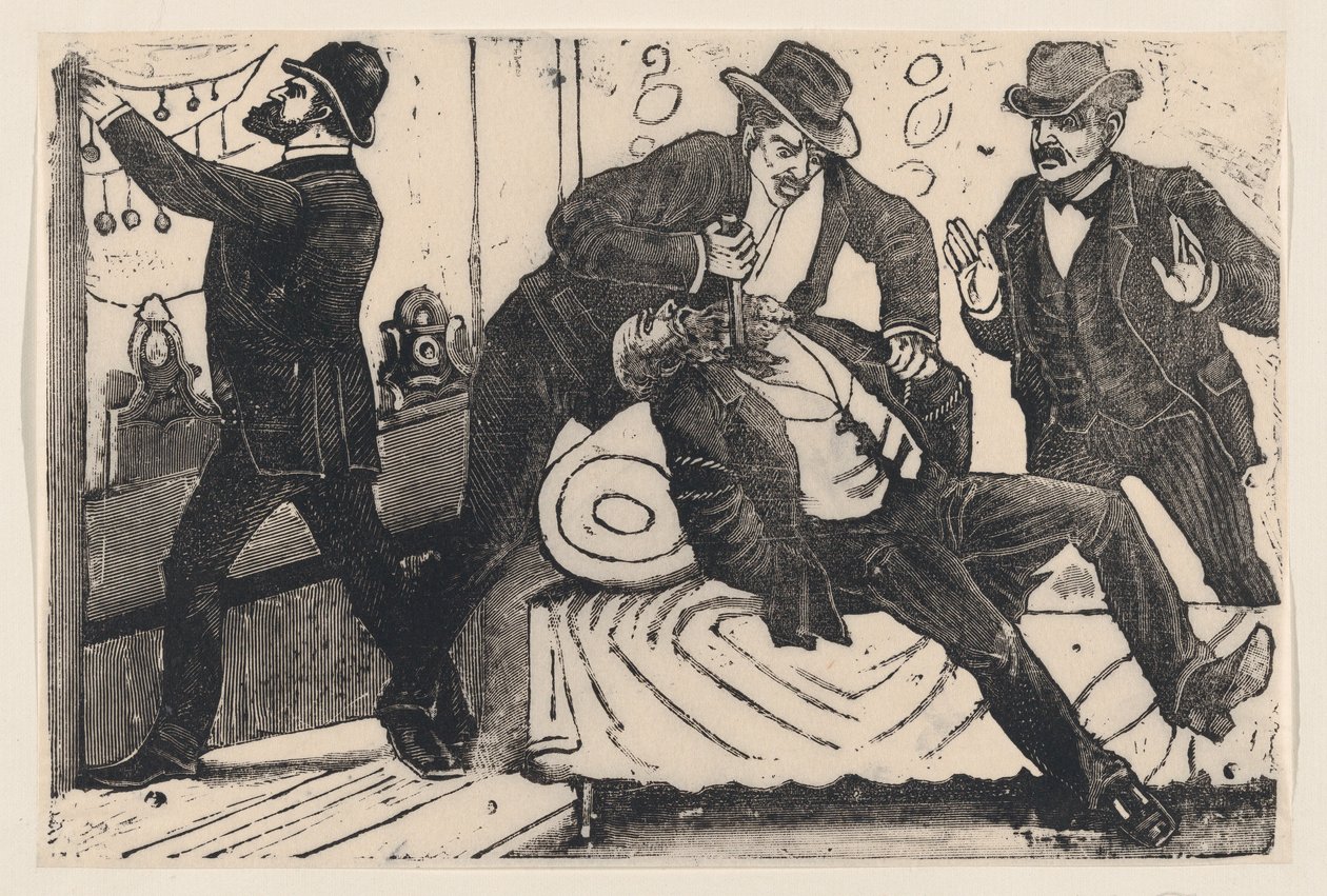 同僚が店を略奪している間、別の男性の胸を刺している男性。 1890-1891。 作： ホセ・グアダルーペ・ポサダ