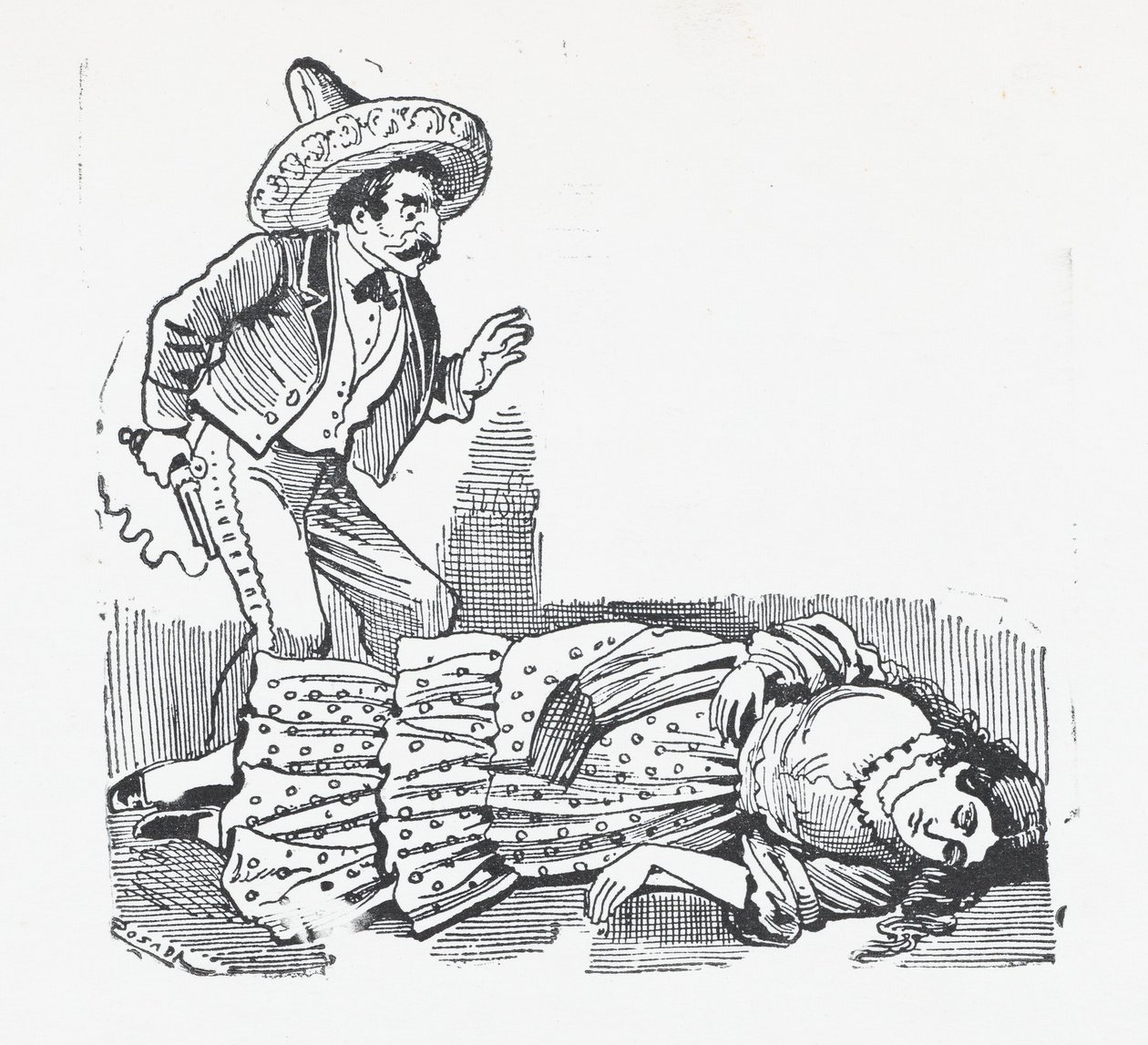 撃ったばかりの女性の上に立つ銃を持った男、1880年頃～1910年頃。 作： ホセ・グアダルーペ・ポサダ