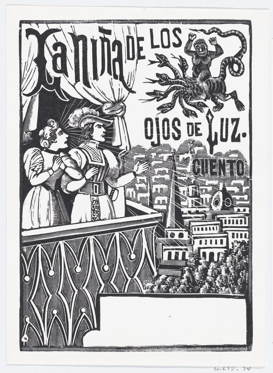 A woman and a man standing on a balcony looking up at a flying monster in the sky..., ca. 1880-1910.    1146971   ja       japanese Successfully Translated  Original: General Map of Nizhny Novgorod Governorate, 1788. Translat: General Map of Nizhny Novgoro 作： ホセ・グアダルーペ・ポサダ