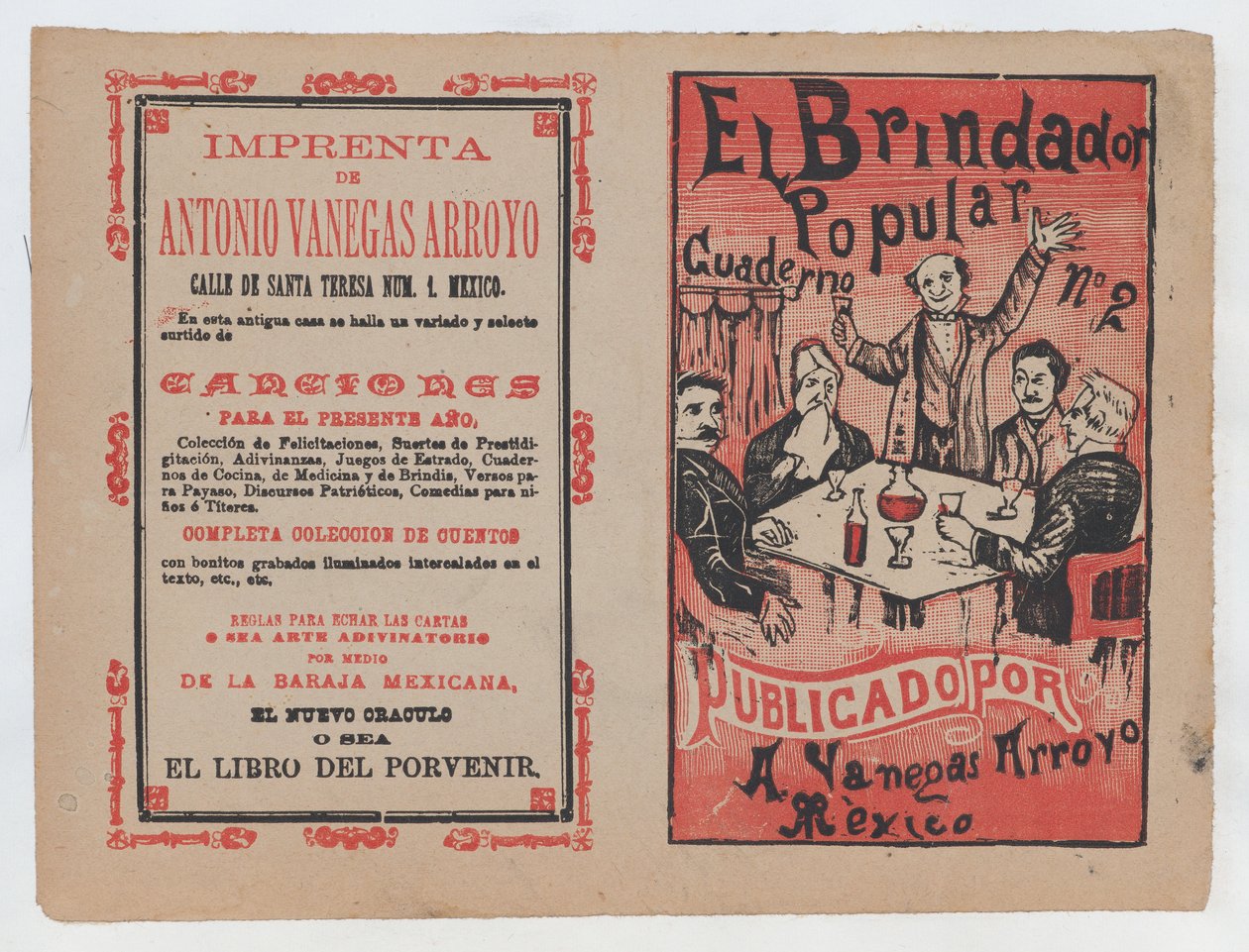 「エル ブリンダドール ポピュラー」の表紙、グループの席に乾杯する男性...、ca. 1880～1910年。 作： ホセ・グアダルーペ・ポサダ