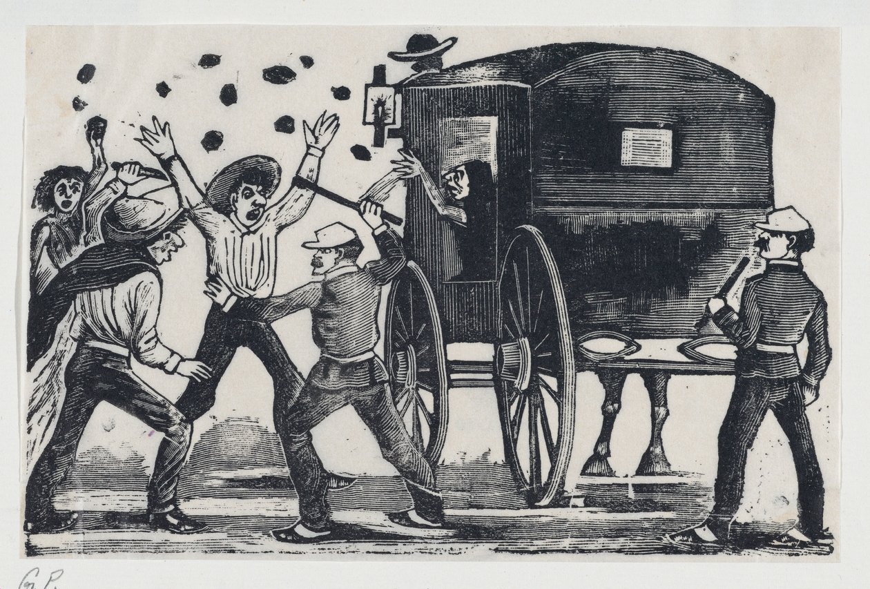 馬と馬車の近くで戦う男たち。 1900-1910.、約。 1900～1910年。 作： ホセ・グアダルーペ・ポサダ