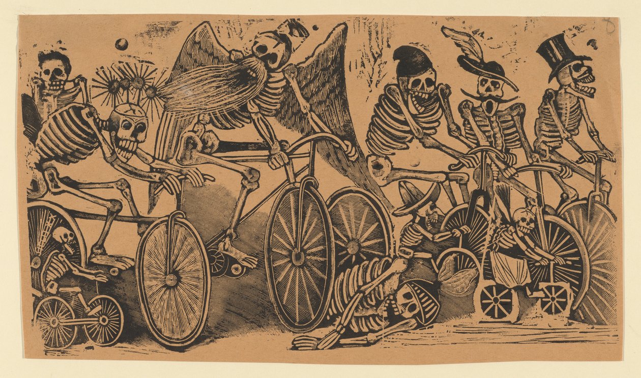 自転車に乗る骸骨カラベラ、1900年頃、1900年頃。 作： ホセ・グアダルーペ・ポサダ