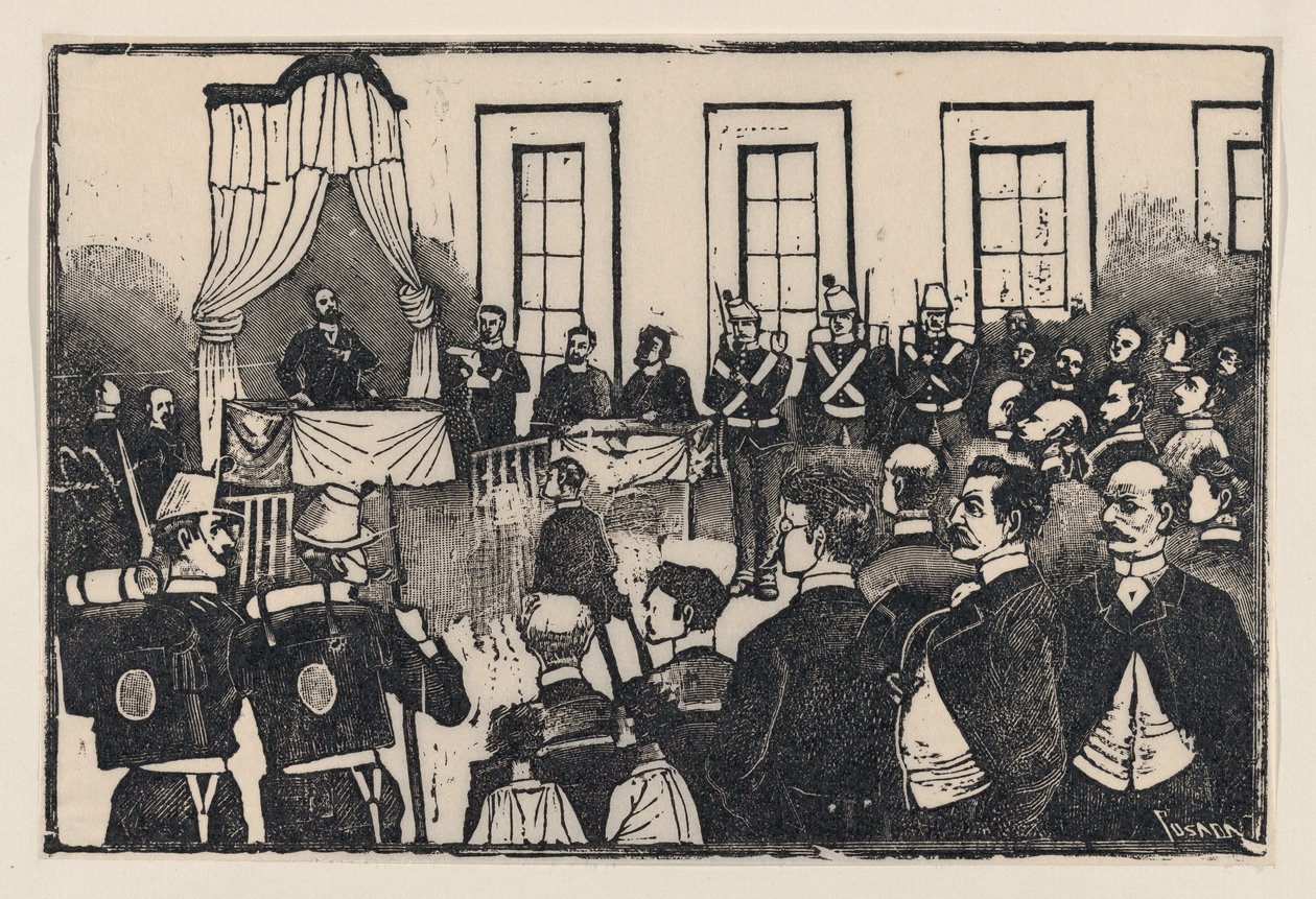 トマス・エルナンデス・アギーレを殺した犯人の裁判（「E...」と題された広辞苑より、1890～1891年頃）。 作： ホセ・グアダルーペ・ポサダ