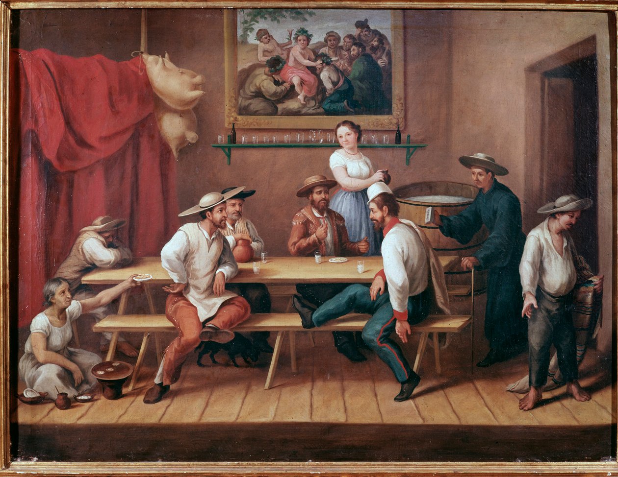Eine Pulqueria. Taverne in Südamerika, Gäste trinken Pulque (traditionelles mesoamerikanisches alkoholisches Getränk). Gemälde von Augustin Arriete (19. Jahrhundert) Mexiko-Stadt, Nationales Historisches Museum, Schloss Chapultepec von Jose Agustin Arrieta
