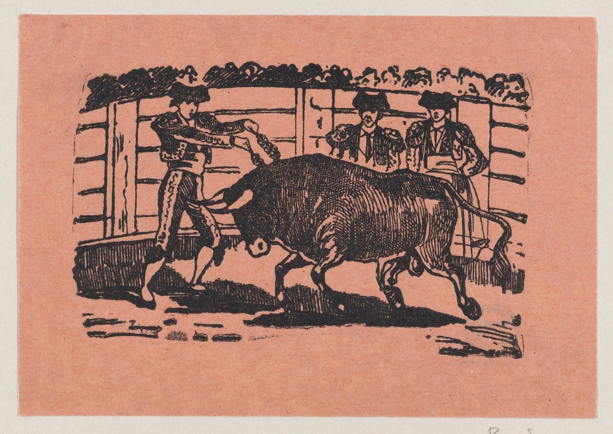 Ein Torero platziert Banderillas in die Schultern des Stiers, während zwei Männer hinter dem Stier stehen 作： ホセ・グアダルーペ・ポサダ