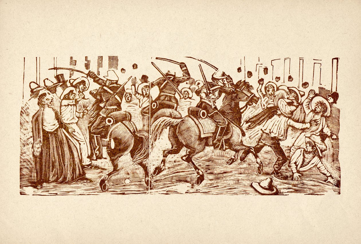 ホセ・グアダルーペ・ポサダ（1852～1913）：ディアス独裁政権下のメキシコで、警察によって厳しく弾圧されたデモ（ホセ・デ・ラ・クルス・ポルフィリオ・ディアス・モリ 作： ホセ・グアダルーペ・ポサダ